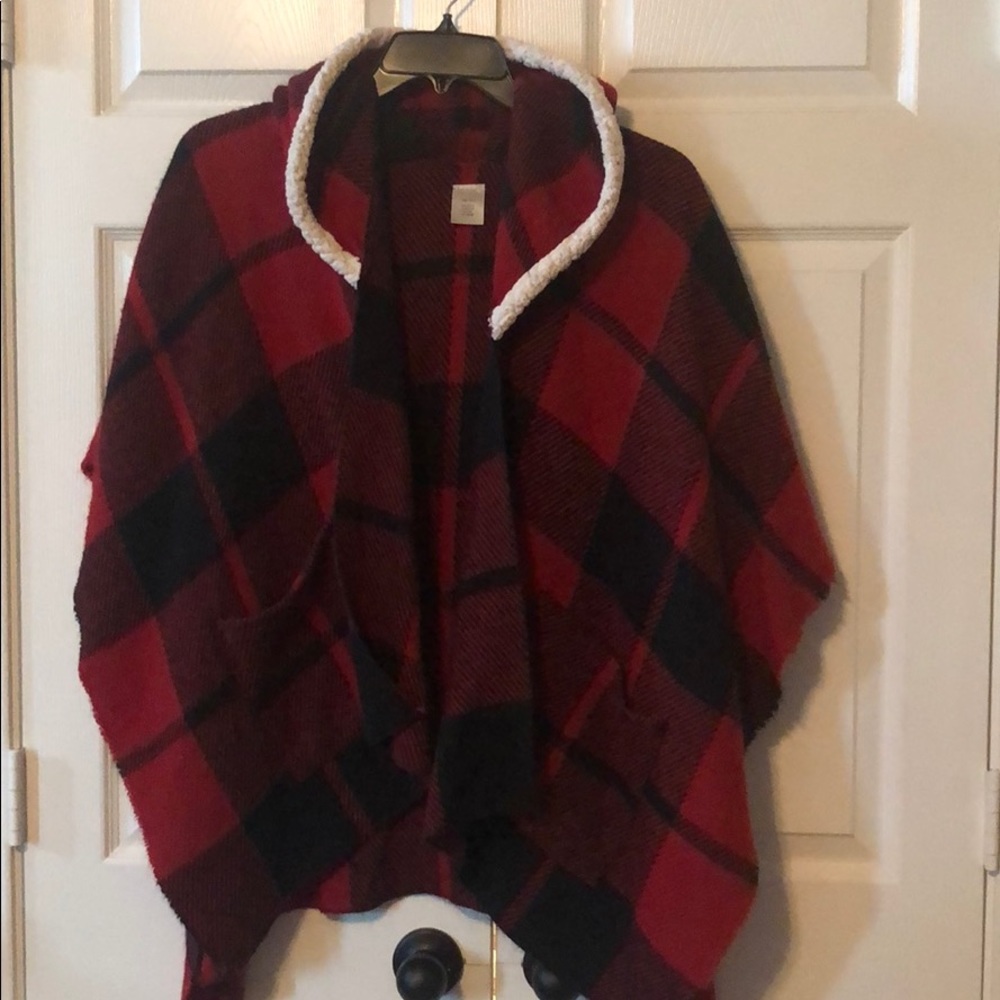 Red plaid poncho with pockets